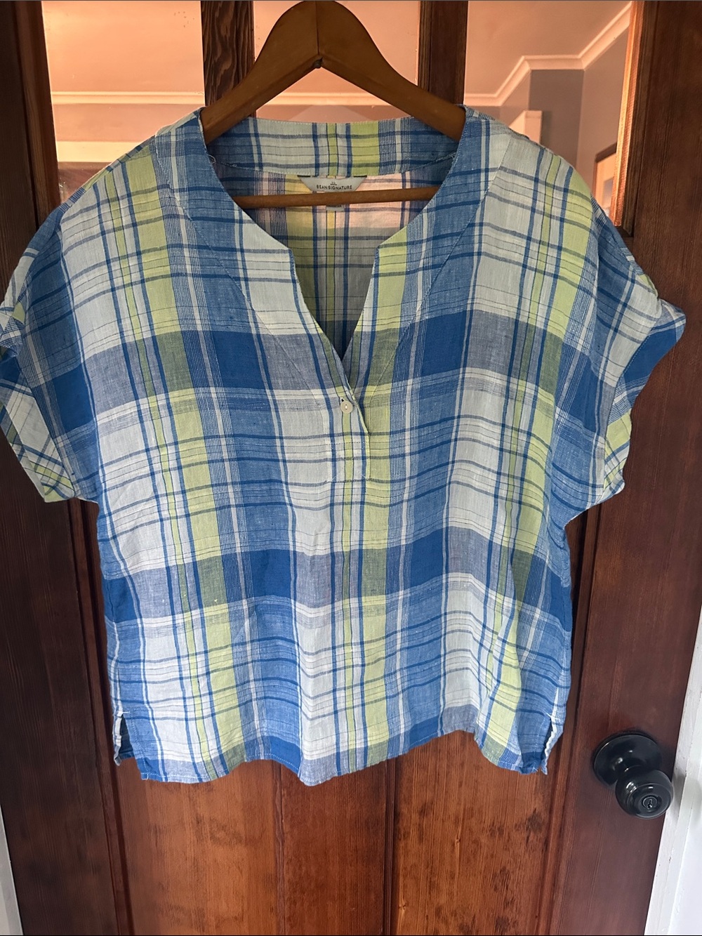 L.L.Bean Signature Blue Yellow Plaid 100% Linen Split-Neck Blouse - Size S